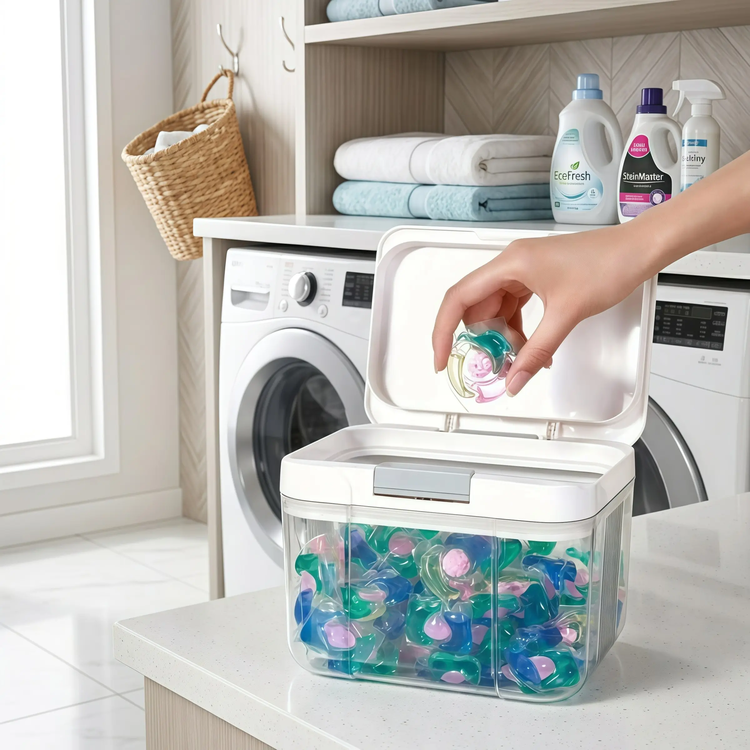 Large capacity laundry capsule container, home storage organizer, durable plastic material, suitable for storing laundry balls, laundry detergent, detergent and fragrance beads, sealed storage design suitable for laundry rooms