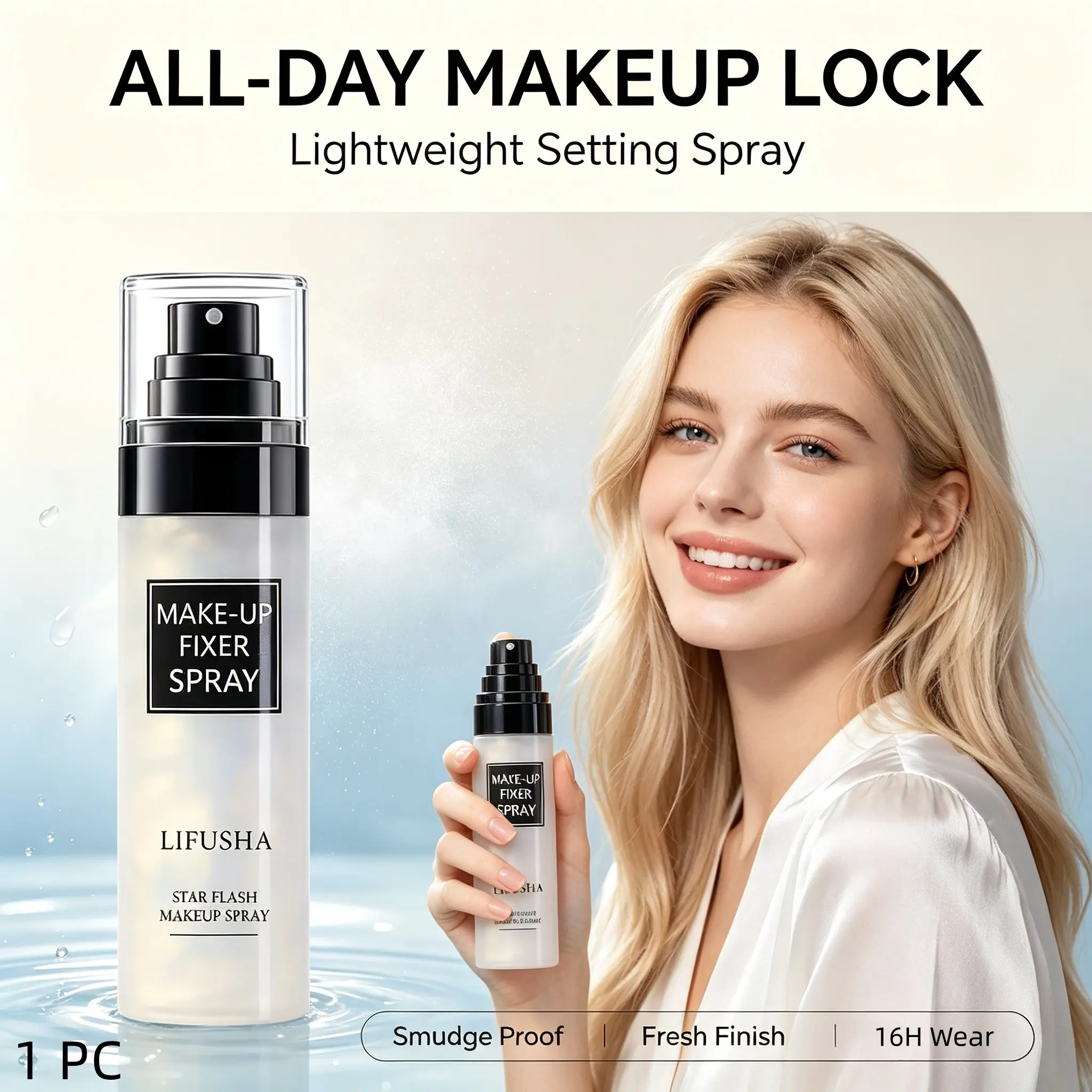 Milky Way Flowing Sand Setting Spray, waterproof and long-lasting without smudging, controls oil without caking, hydrates and moisturizes, refreshing and not greasy, suitable everyday makeup steps like contouring, foundation, concealer, and loose powder