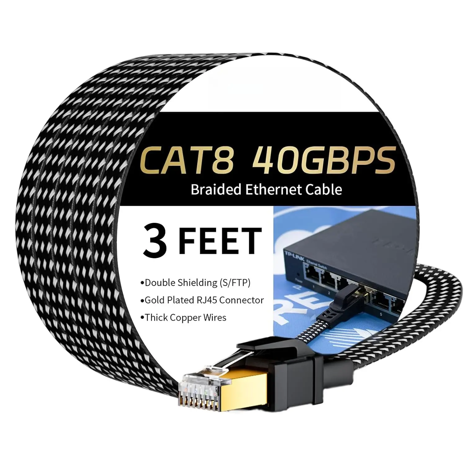 8 Ethernet Cables 3FT,  Braided Internet Network Cord | Nylon Braided,with RJ45 Connector, 40Gbps 2000MHz Heavy Duty LAN  Indoor&Outdoor for Modem/Router/Gaming/PC