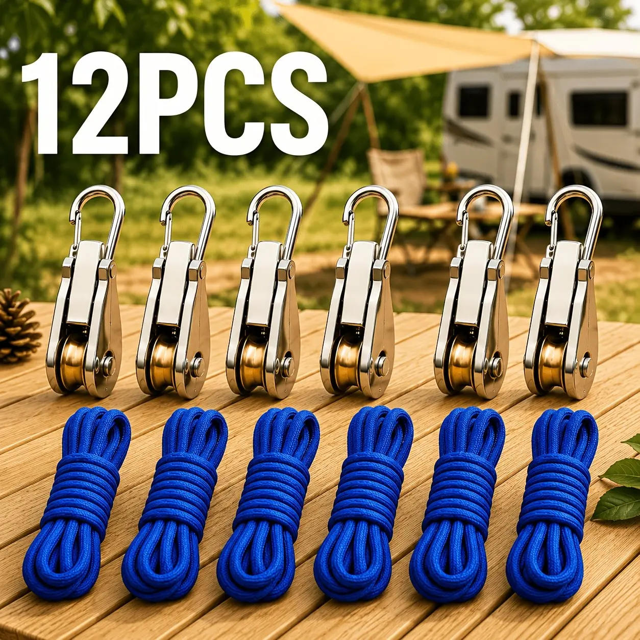 12-Piece Rope Set with Multifunction Tension Rope, Pulley Tightener, Adjustable Rope System, 30kg Load Capacity, Includes Metal Hooks and Nylon Ropes, Ideal for Camping and Outdoor Gear