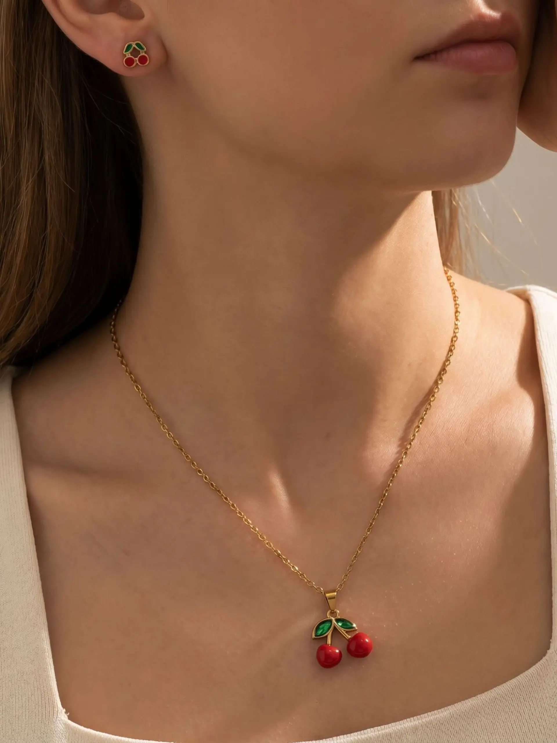 3pcs Summer Cherry Jewelry Set, Bright Enamel Cherry Stainless Steel Necklace & Earrings, Elegant Accessories for Casual Wear