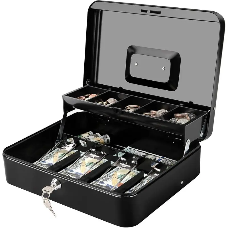11.8 in Cash Box with Key Lock, Heavy-Duty Metal Money Box with Auto-Pop Coin Tray & 4 Bill Clips, Portable Cash Drawer for Yard Sales, Small Business & Events