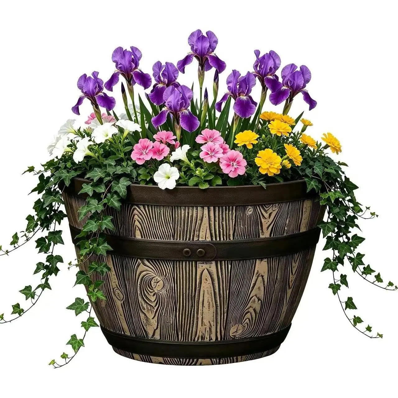 19.9 Inch Rustic Whiskey Barrel Planter - Durable Lightweight Plastic Plant Pot with Easy Knock-Out Drainage Holes, Indoor/Outdoor Barrel Planter for Outdoor Plants