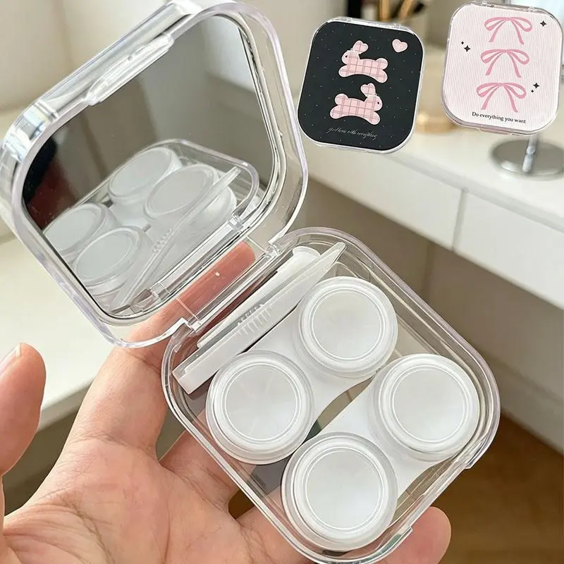 1Pc Cute Pink Bow and Bunny Pattern Acrylic Contact Lens Case, Pocket-Size Travel Contact Lens Applicator and Removal Tool Kit with Mirror, Contact Lens Storage Box for Home and Travel Essentials, Lens Cleaning