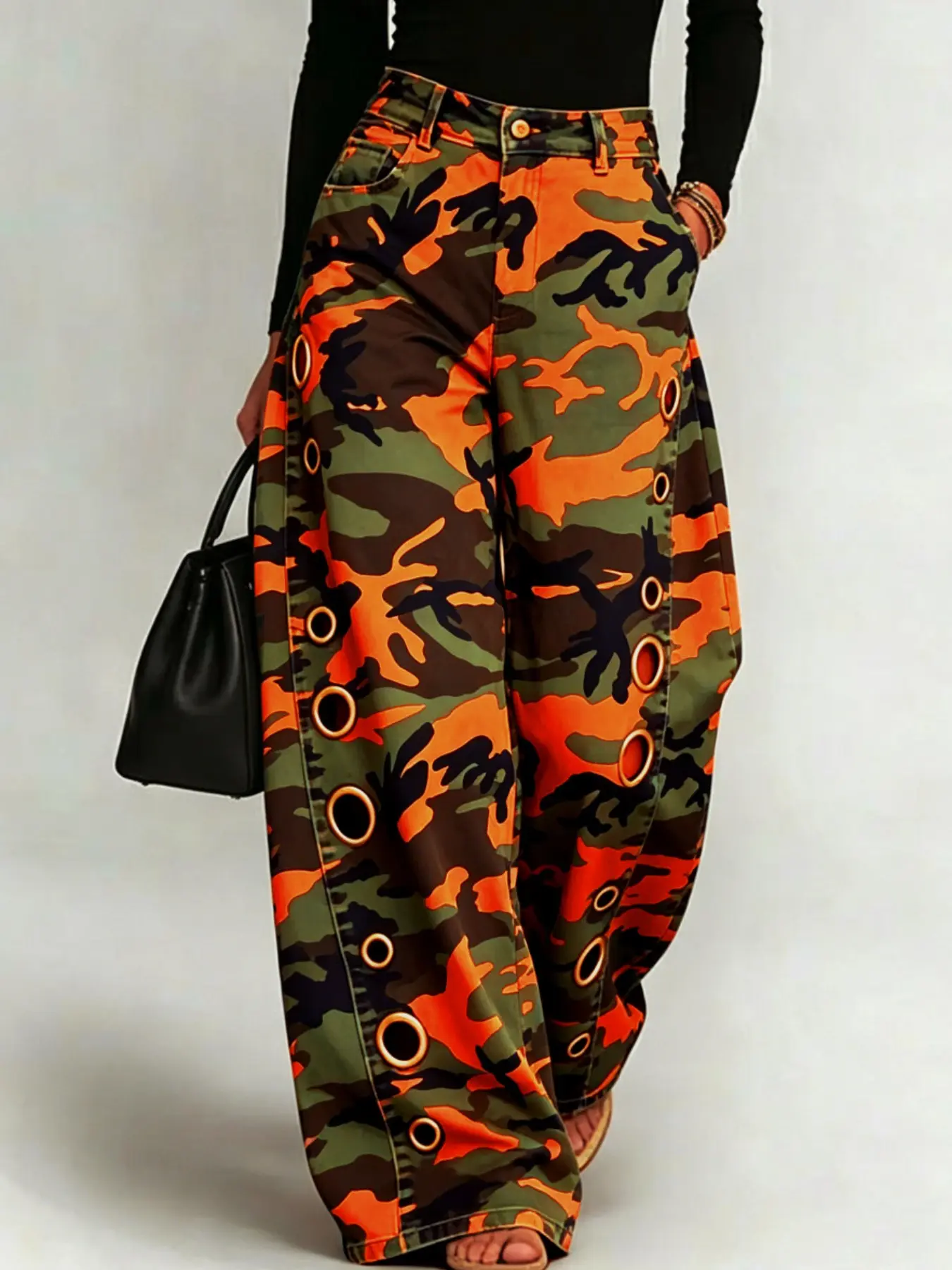 D8782 2026 Spring Summer New Metal Asymmetrical Eyelet Women's Fashion Solid Color Loose Elastic Camouflage Pants