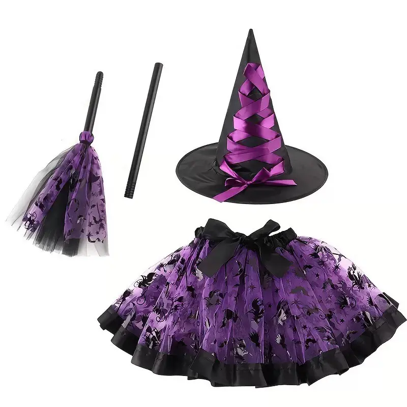 Halloween Costume Set, Cosplay Tutu Skirt, Hat & Broom Print, Perfect for Parties & Performances, Unlined Party Apparel