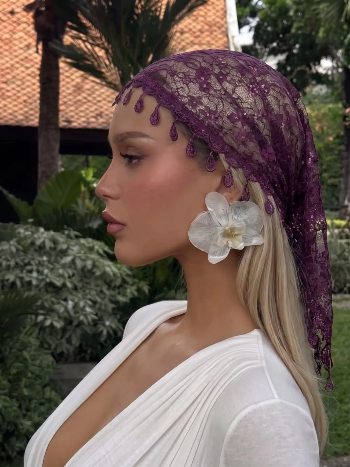Deep Gold Foil Floral Water Drop Fringe Lace Triangle Headscarf, Fashion Headscarf, Vintage Bohemian Hijab, Muslim Scarf, Elegant Accessory
