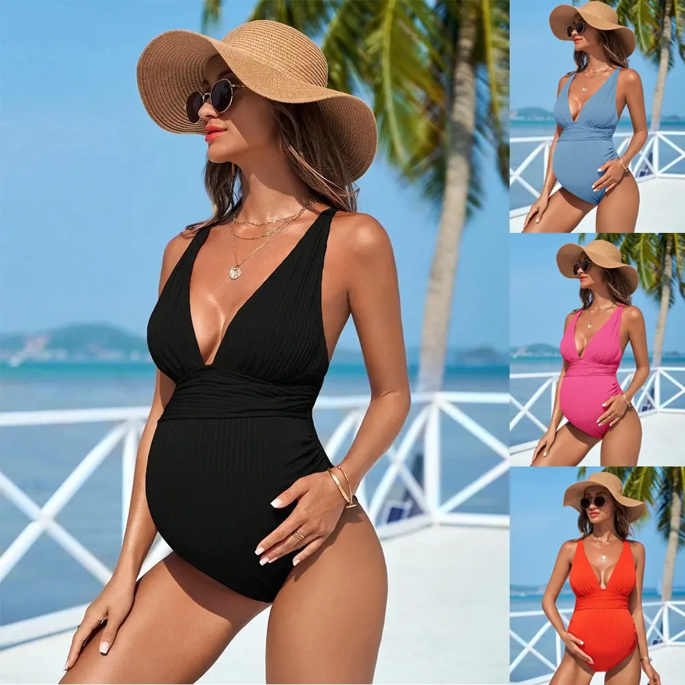 Ribbed Maternity One Piece Swimsuit for Women, Deep V Wrap Waist Ruched Pregnancy Bathing Suit, Stretch Soft Swimwear for All Trimesters Beach Pool Spa cutout high rise monokini sexy swimweek summervibes full coverage tummy control neck shell swim 1-piece