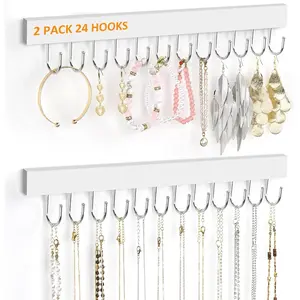 Jewelry Organizer Wall Mounted 2 Pack, Wooden Necklace Holder Wall Hanger with 24 Hooks for Hanging Necklaces and Jewelry Storage, White
