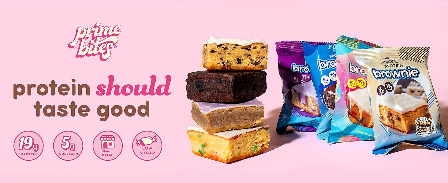 Prime Bites Protein Brownie from Alpha Prime Supplements |   High Protein, Collagen Fortified Low Sugar Treat |   Delicious Snack |   12 Bars per Box (Variety Pack)