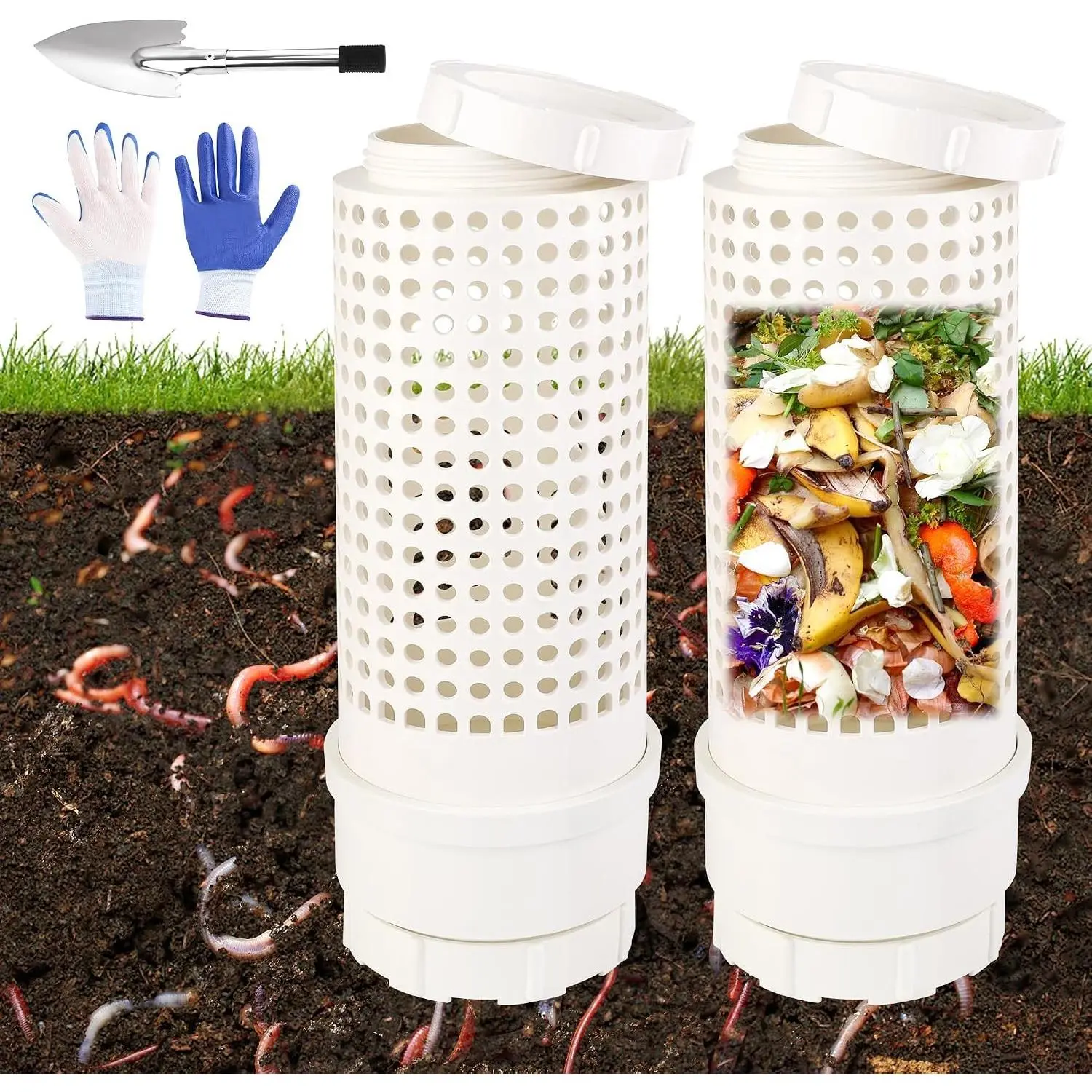 2 Packs Inground Worm Composter, Outdoor Worm Compost Bin Kit with Lid for Garden Composting