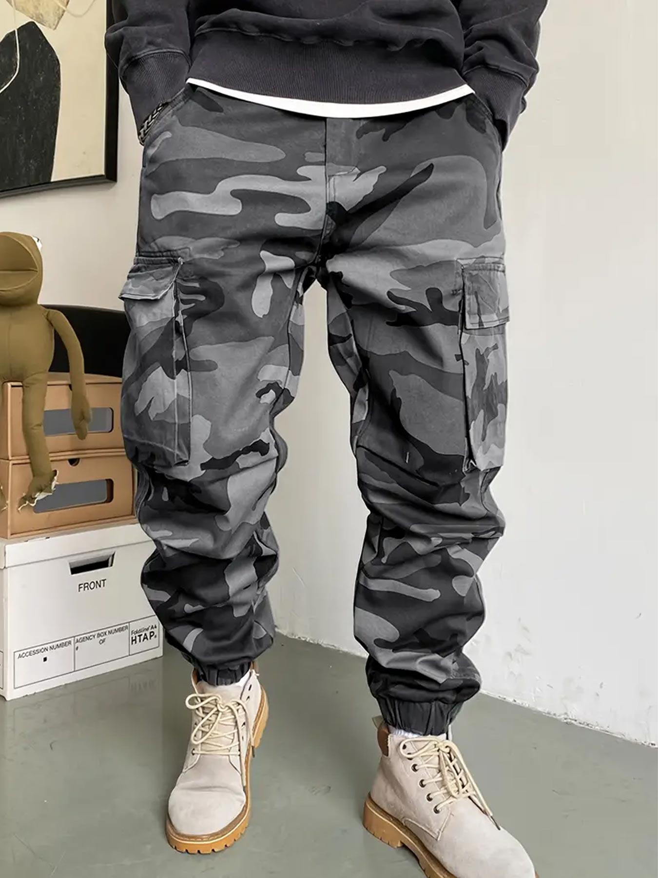 Men's Camo Print Multi-pocket Cargo Pants, Casual Loose Fit Water-repellent Fabric Trousers for Outdoor Work, Pants for Men, Men's Bottoms for All Seasons, Men's Clothing, Casual Sports Trousers