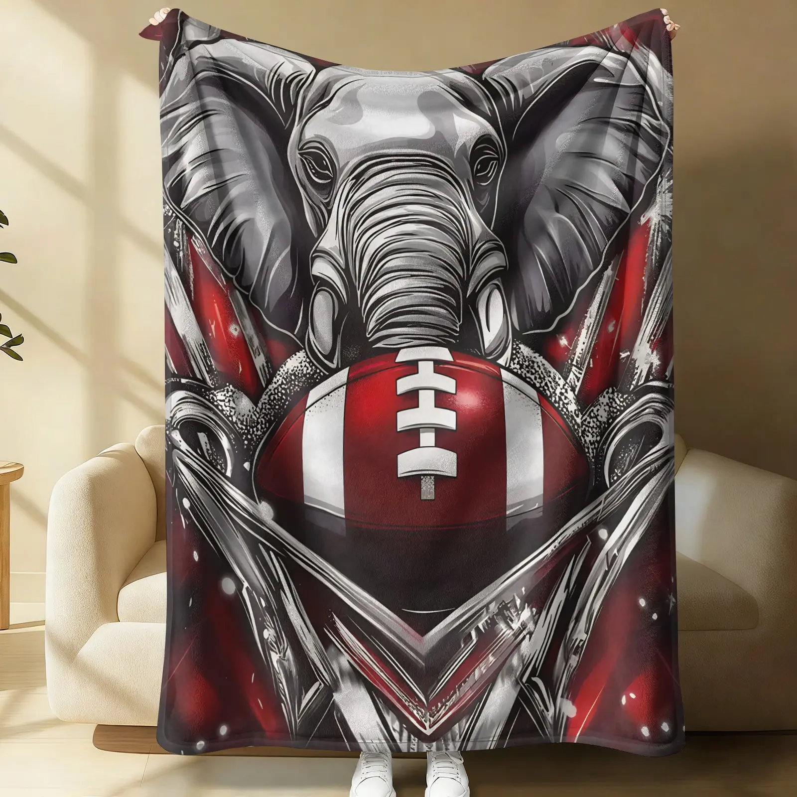 Alabama Football Elephant Flannel Throw Blanket,Soft Cozy Warm Blanket,Sports Digital Print Gift Blanket,All Season Use,for Sofa Couch Bed Bedroom Living Room Decor