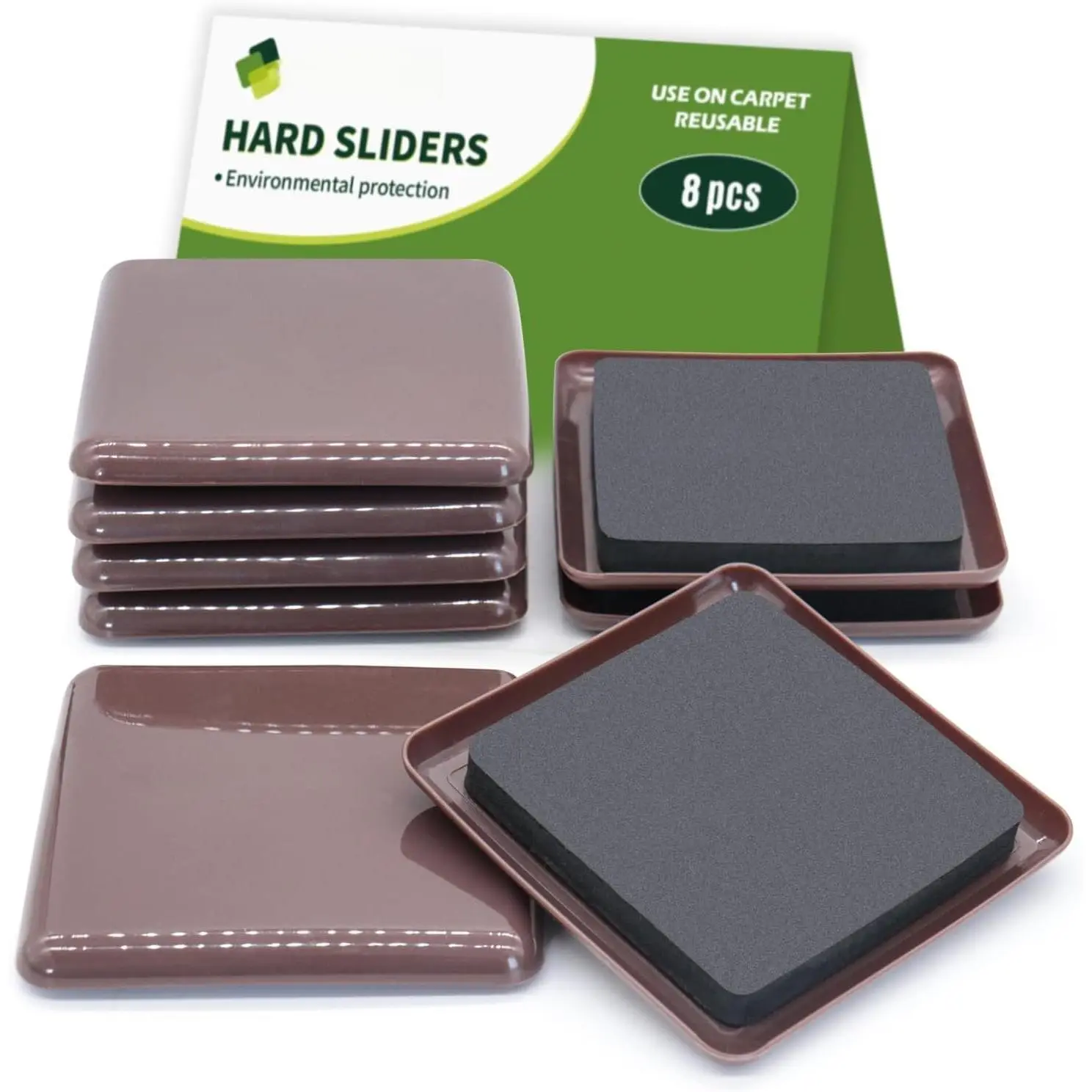 Furniture Sliders for Carpet 8 count - 3 1/2" Brown | Furniture Moving Sliders, Carpet Sliders for Furniture, Square Furniture Movers Sliders - Move Your Furniture Easily & Safely