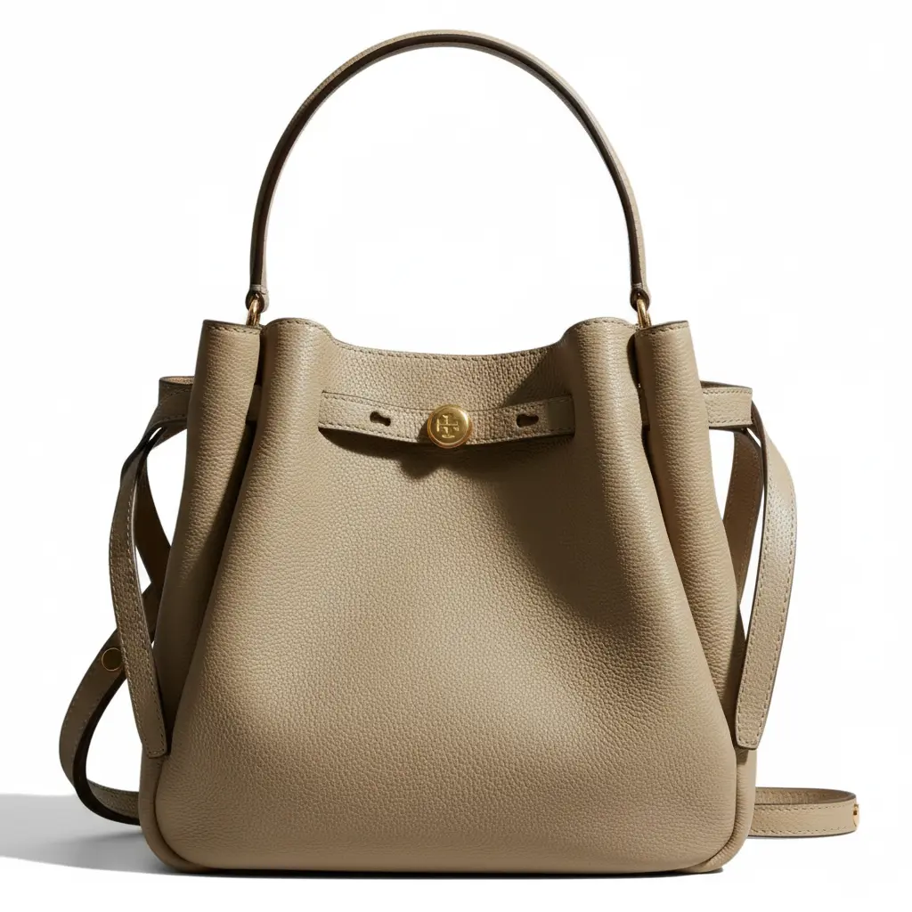 Tory Burch Romy Metallic Stud Bucket Bag for Women, Genuine Leather, Soft Gray