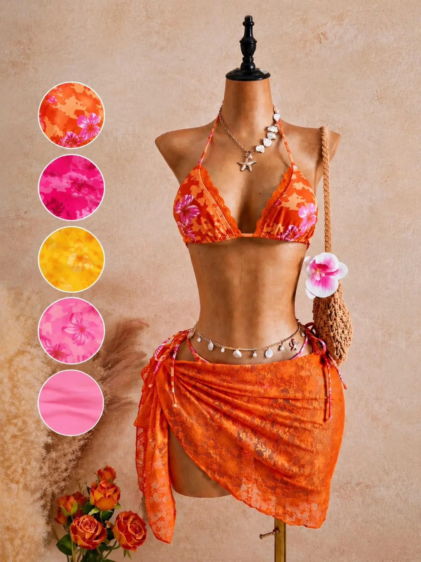 Women's New Floral Print Lace Trim Bikini Set, Sweet Summer Vacation Style Beachwear, Three-Piece Swimsuit Bathing Suit for Holiday