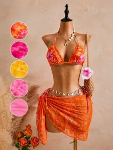 Women's New Floral Print Lace Trim Bikini Set, Sweet Summer Vacation Style Beachwear, Three-Piece Swimsuit Bathing Suit for Holiday