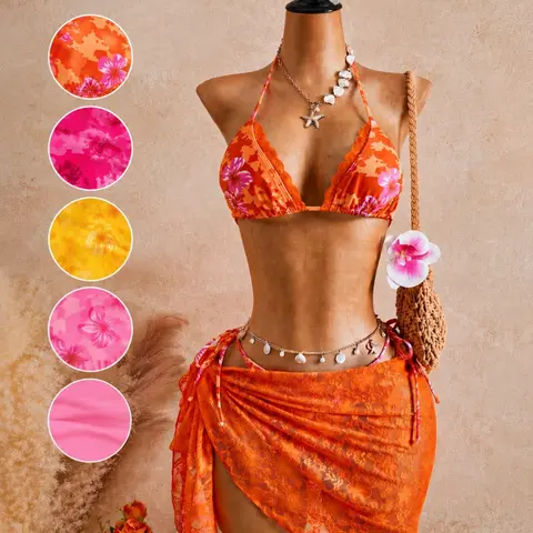 Women's New Floral Print Lace Trim Bikini Set, Sweet Summer Vacation Style Beachwear, Three-Piece Swimsuit Bathing Suit for Holiday