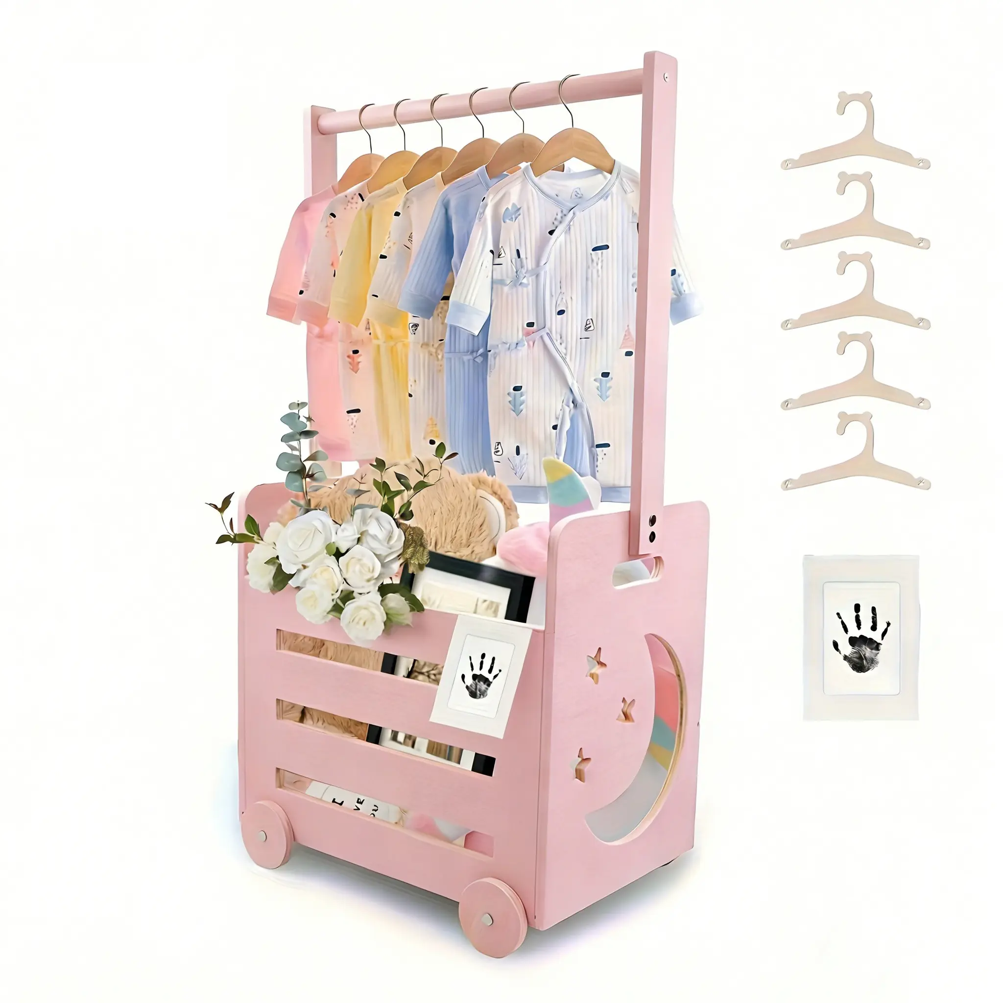 Wooden Shower Crate Closet with Wheels & Higher Handle, Pushable Shower Gifts Basket, Wooden Crate for Storage, Gifts for Boy Girl New Parent (Pink)