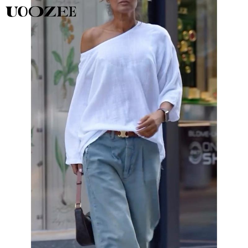 UOOZEE Women's Summer Cotton Blouses - Off Shoulder Long Sleeve Tops in Solid Color for Casual Wear High-Quality Material Multiple Color Options T-shirts