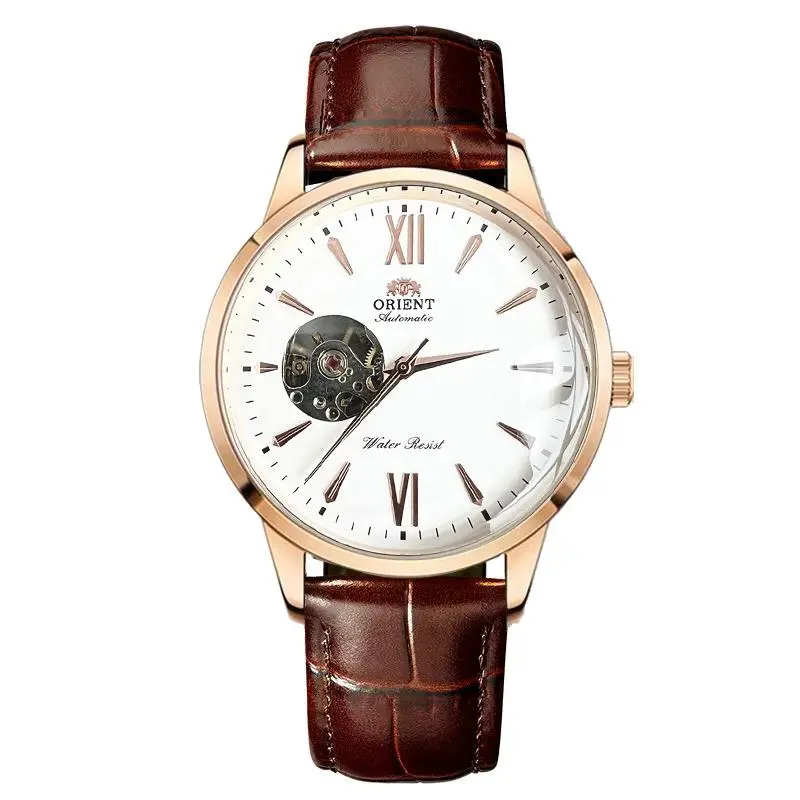 Japanese original Orient automatic mechanical men's watch, rose gold case with semi-skeleton dial, Roman numeral hour markers, brown genuine leather strap, lightweight luxury waterproof business wristwatch for men