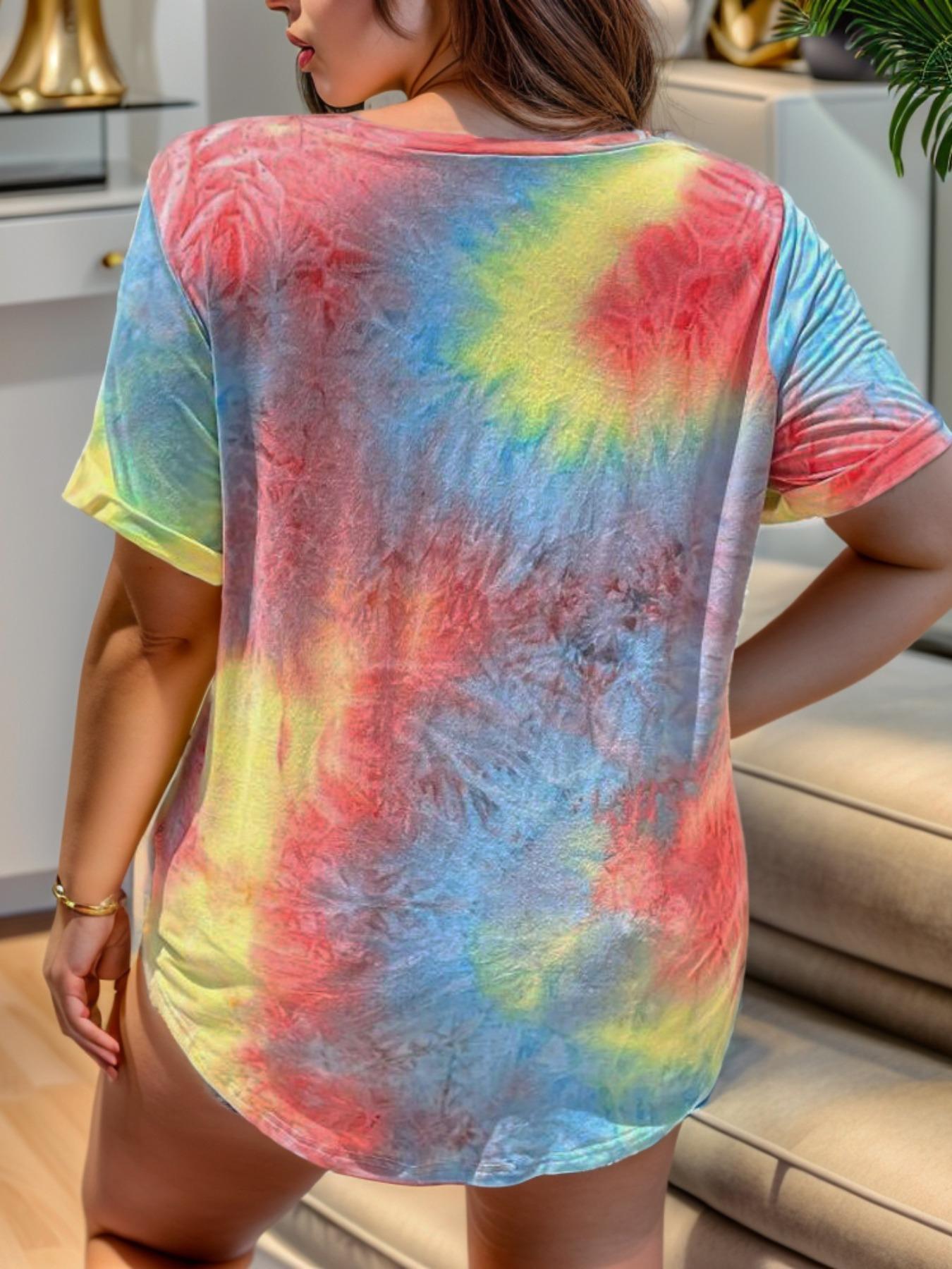 【Plus Size】 Women's Tie Dye Print Asymmetrical Hem Ripped Pocket Knit Tee, Plus Casual Short Sleeve V Neck T-Shirt for Summer, Women's Plus Clothing for Daily Wear