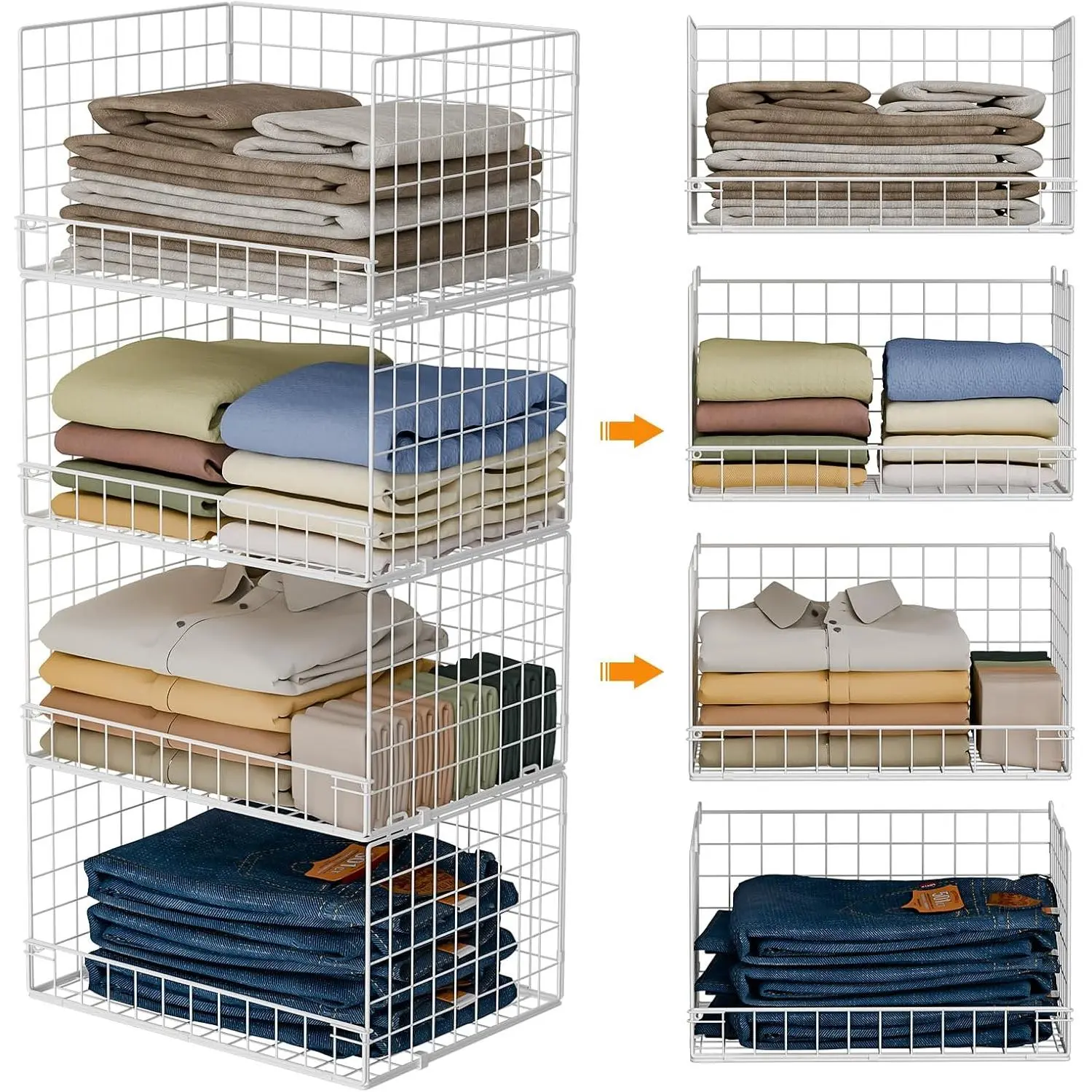 4-Tier Stackable Closet Organizers and Storage Basket, Foldable Closet Shelf Organizer System, Space-Saving Clothes Storage Drawer Organizer for Wardrobe, White (Patent 30022416)