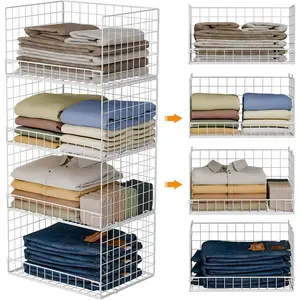 4-Tier Stackable Closet Organizers and Storage Basket, Foldable Closet Shelf Organizer System, Space-Saving Clothes Storage Drawer Organizer for Wardrobe, White (Patent 30022416)
