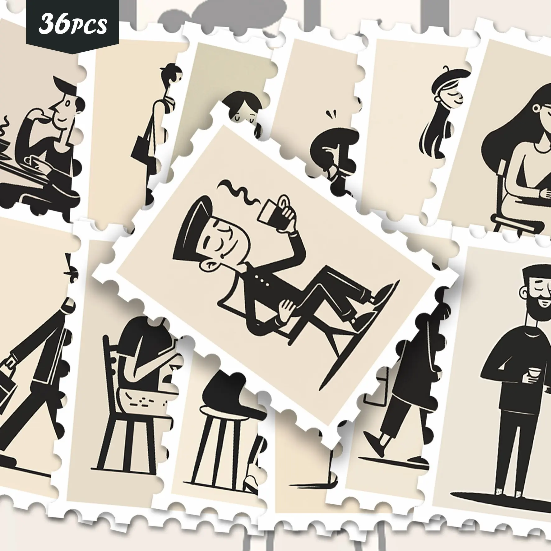 36 Pcs Beige Black Line Minimal Figure Vinyl Stickers, Simple Line People Reading Coffee Leisure Daily Scene Border Decals, For Laptop Water Bottle Notebook Luggage Wall, Minimal Life Scrapbook Supplies