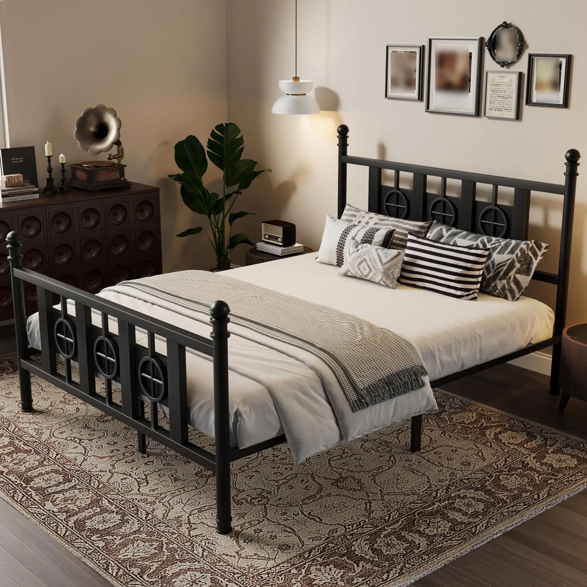 Vintage Circular Metal Bed Frame with Headboard & Footboard – Sturdy, Noise-Free, Under-Bed Storage, Easy Assembly, No Box Spring Required, Bedroom Furniture – Twin Size, Flame Design