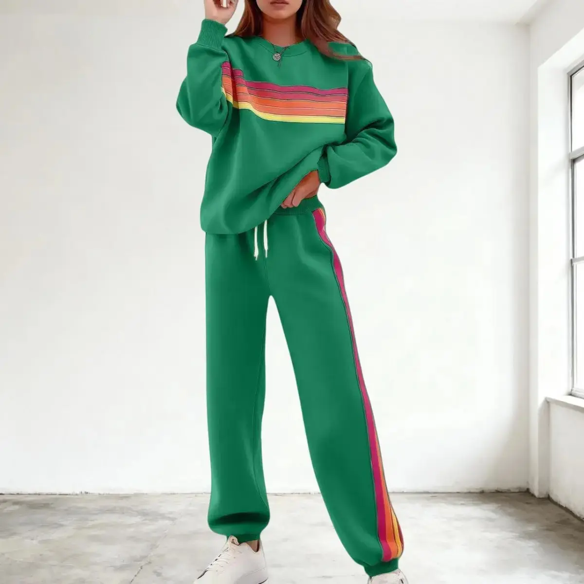Comfy Crewneck Sweatshirt Set | Colorful Stripe Pants | Daily Casual Set | Oversized Crewneck Set | Stylish Baggy Pants