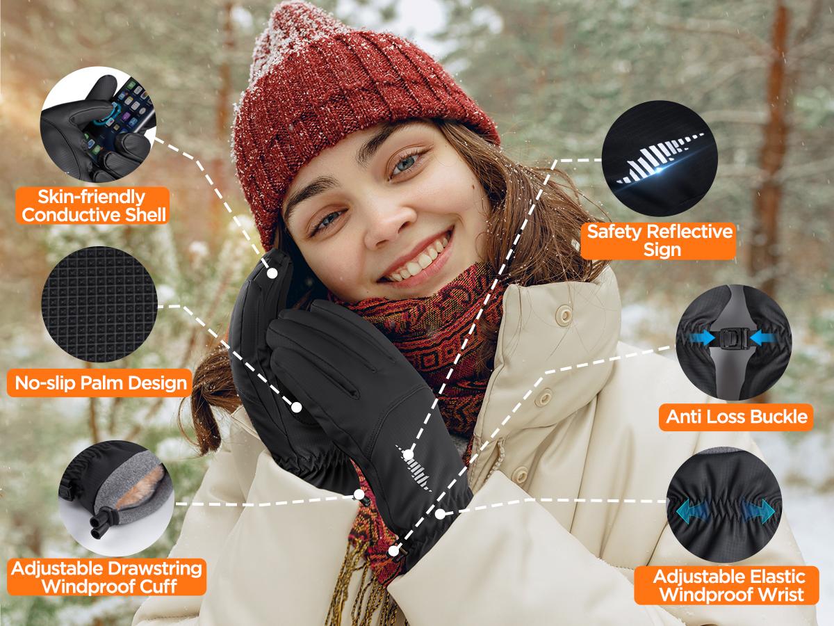 Winter Waterproof Ski Snow Warm Gloves for Women Men, Windproof Cold Weather Thermal with Touchscreen Fingers, for Running Driving Cycling Hiking Biking Outdoor Sports Daily Work RG802
