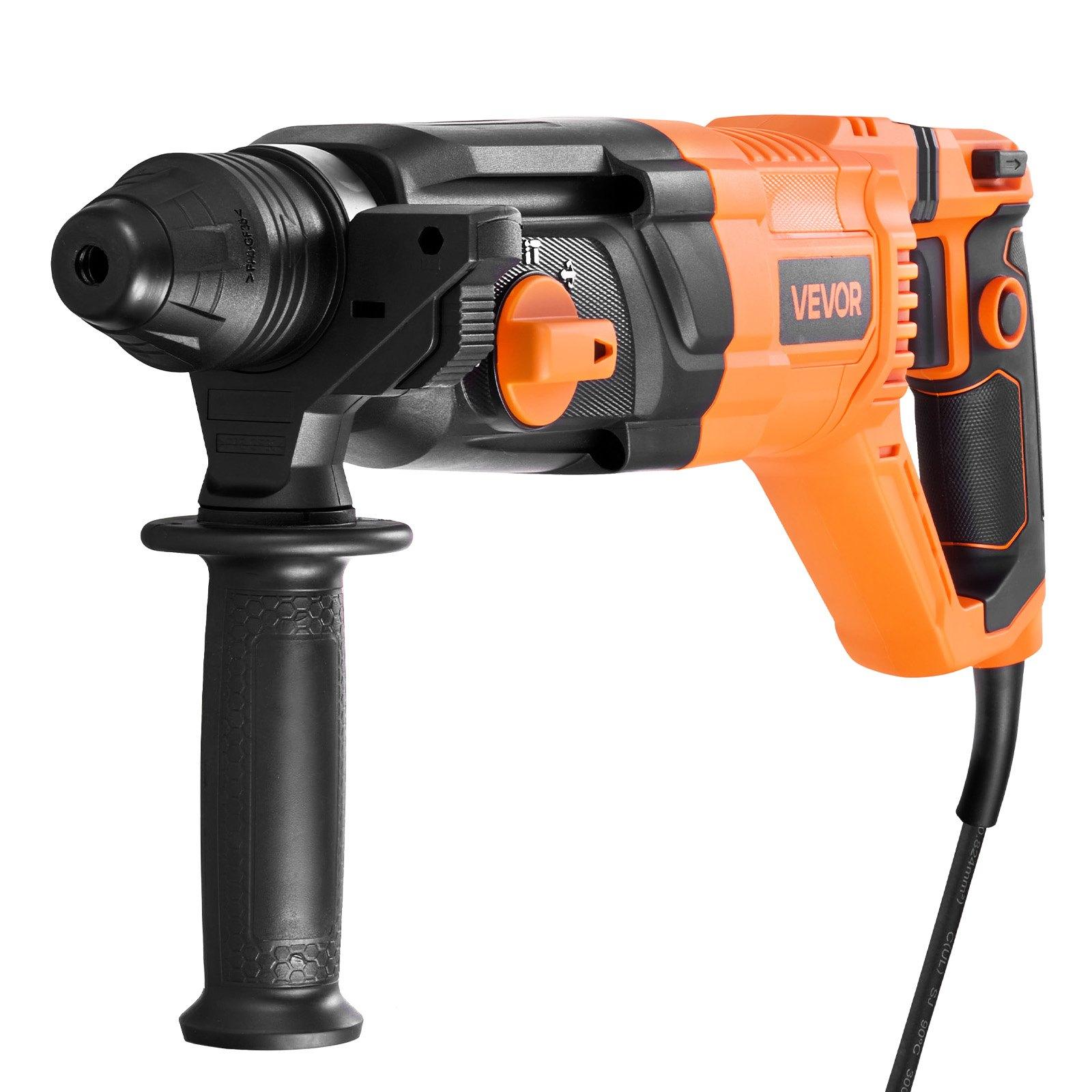 VEVOR Rotary Hammer Drill, 1-1/8 in SDS-Plus Electric Corded Heavy Duty Rotary Hammer, 4 Functions, Including 3 Drill Bits, Flat Chisel, Pointed Chisel, and Carrying Case, for Concrete and Masonry