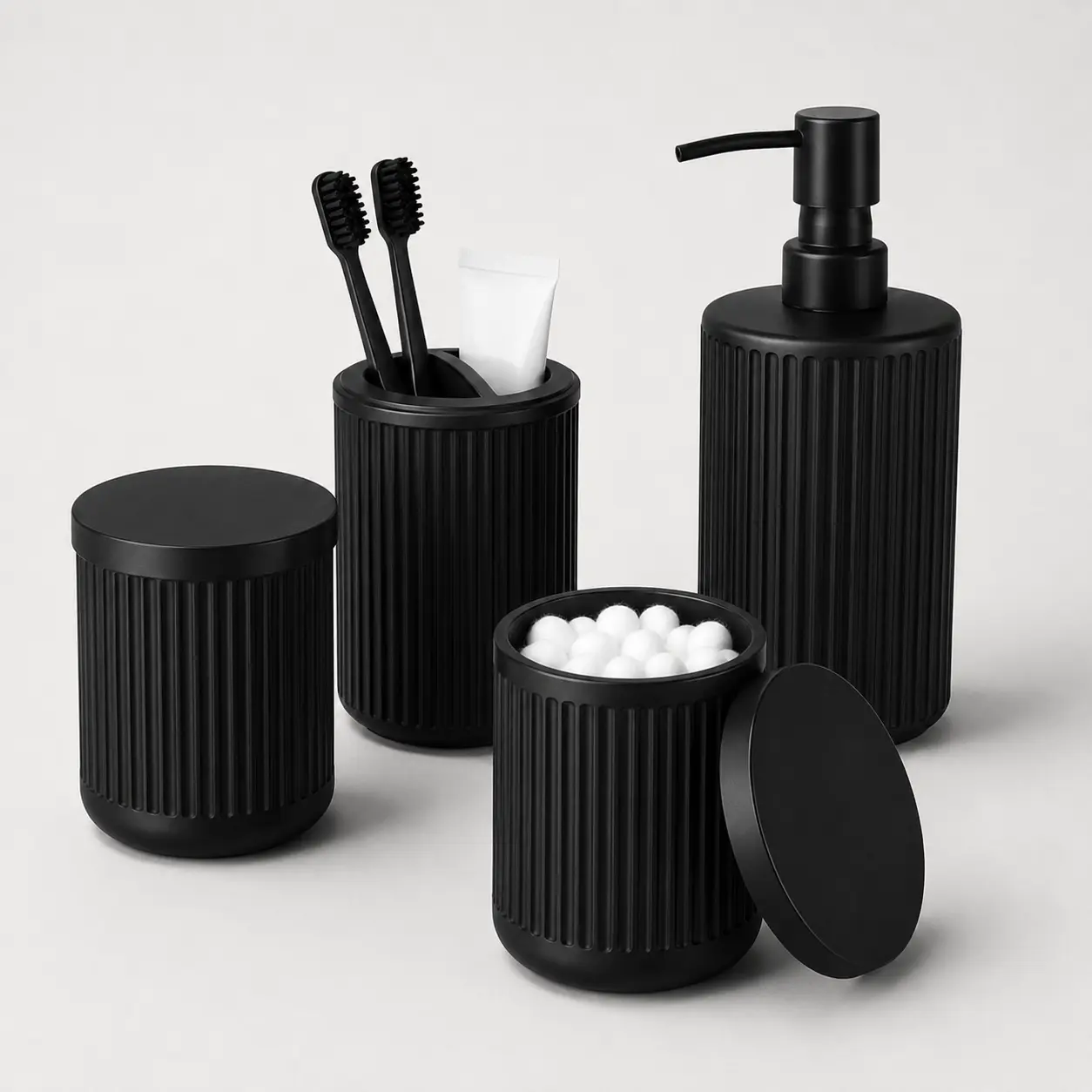 Matte Black Smooth Ribbed Glass Bathroom Accessories Set, 4-Piece Vanity Set with Soap Dispenser & Toothbrush Holder for Sink Cleaning