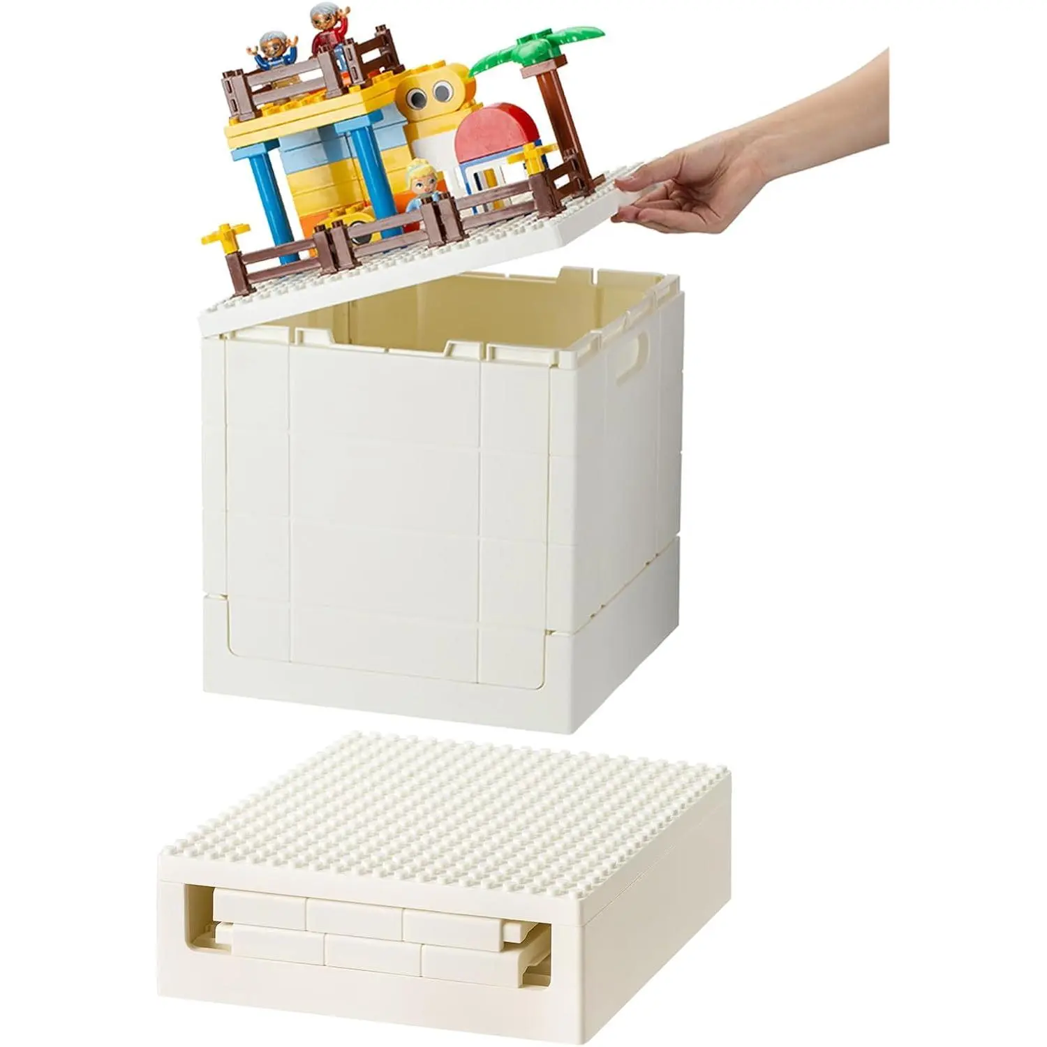 Plastic Foldable Kid Storage Box, 25L Storage Toy Bins with Building Base for Duplo Bricks, 26Qt. Toy Chest for Duplo Blocks, White