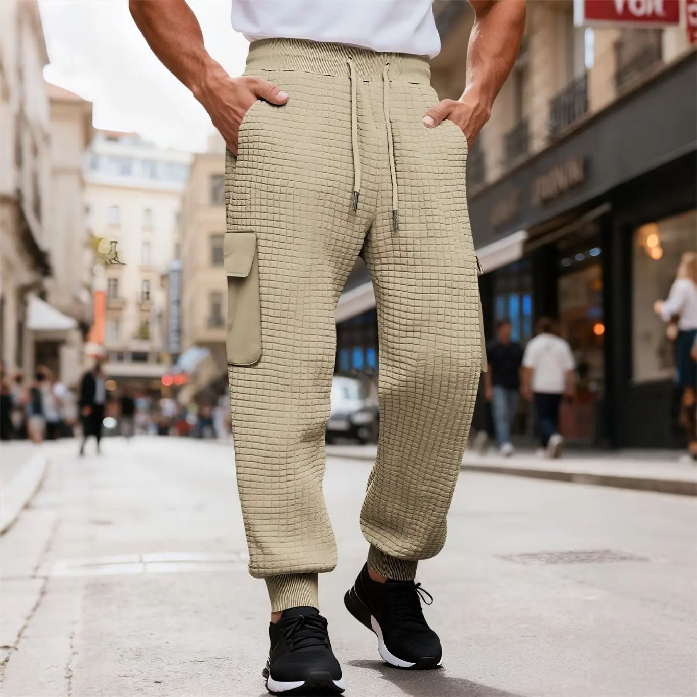 Men’s Cargo Jogger Pants, Casual Textured Utility Trousers with Pockets, Elastic Drawstring Waist, Tapered Cuff Relaxed Fit Streetwear Pants for Travel Outdoor Lounge Daily Wear
