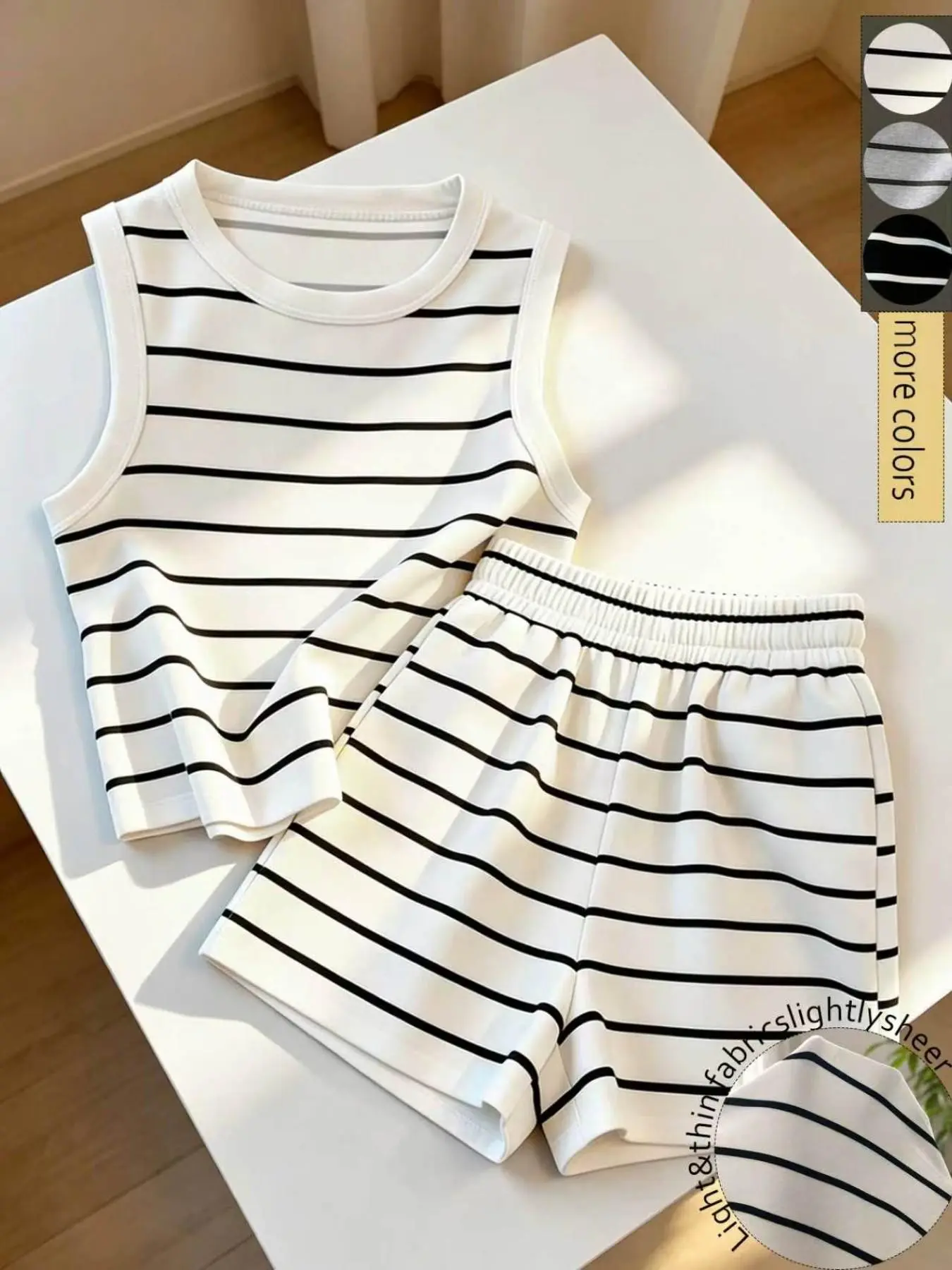 Women's Striped 2 Piece Loungewear Set, Sleeveless Tank Top & Elastic Waist Shorts Matching PJ Set, Casual Lightweight Beach Set