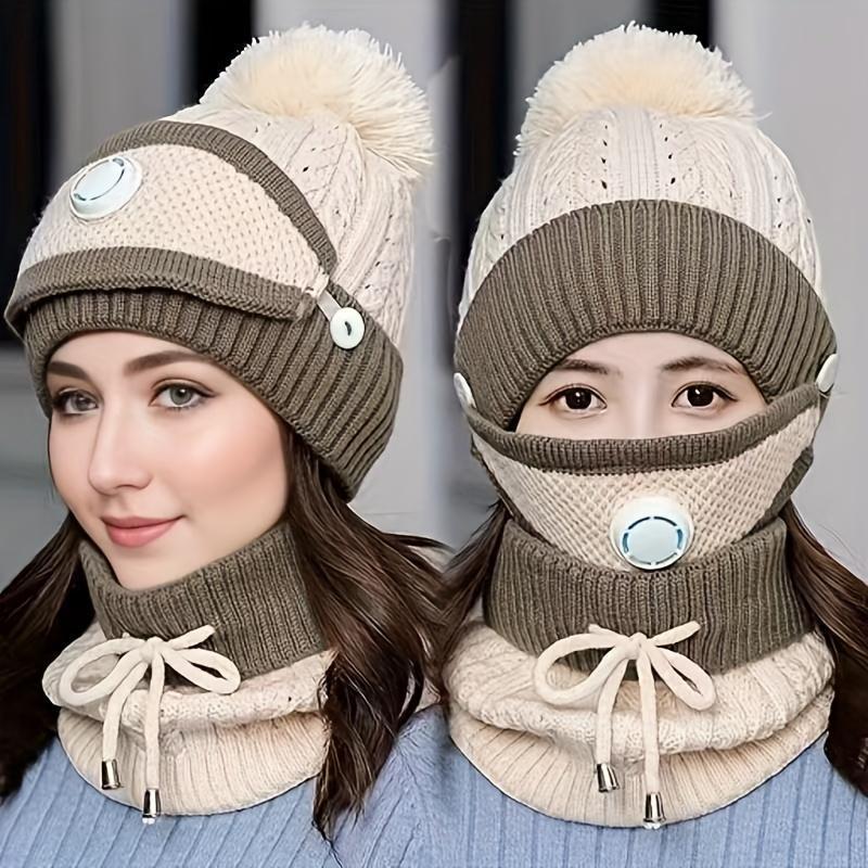 3PCS Women's Beanie Set with Mask and Scarf, Thickened Fleece Winter Hat for Ear Protection and Extra Warmth