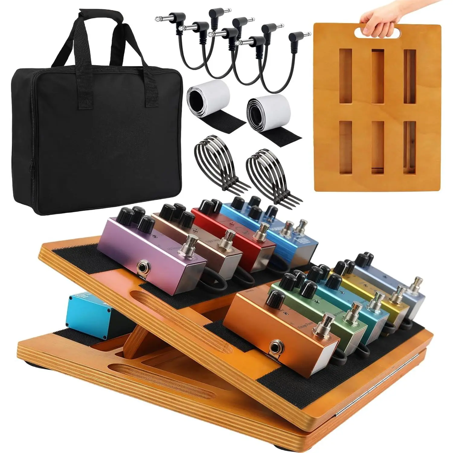 Wooden Guitar Pedal Board 15.75" x 11.8", Foldable Pedalboard 2-Level Adjustable Height Lightweight Pedal Stand, with 4 count 6 Inch Guitar Patch Cables, Portable Carry Bag, Hook-and-Loop Tapes