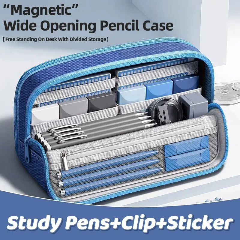 Magnetic Standing Large Capacity Pencil Case, Durable Canvas with Zipper, Anti-Scratch, Multi-Purpose Organizer for Students and Office
