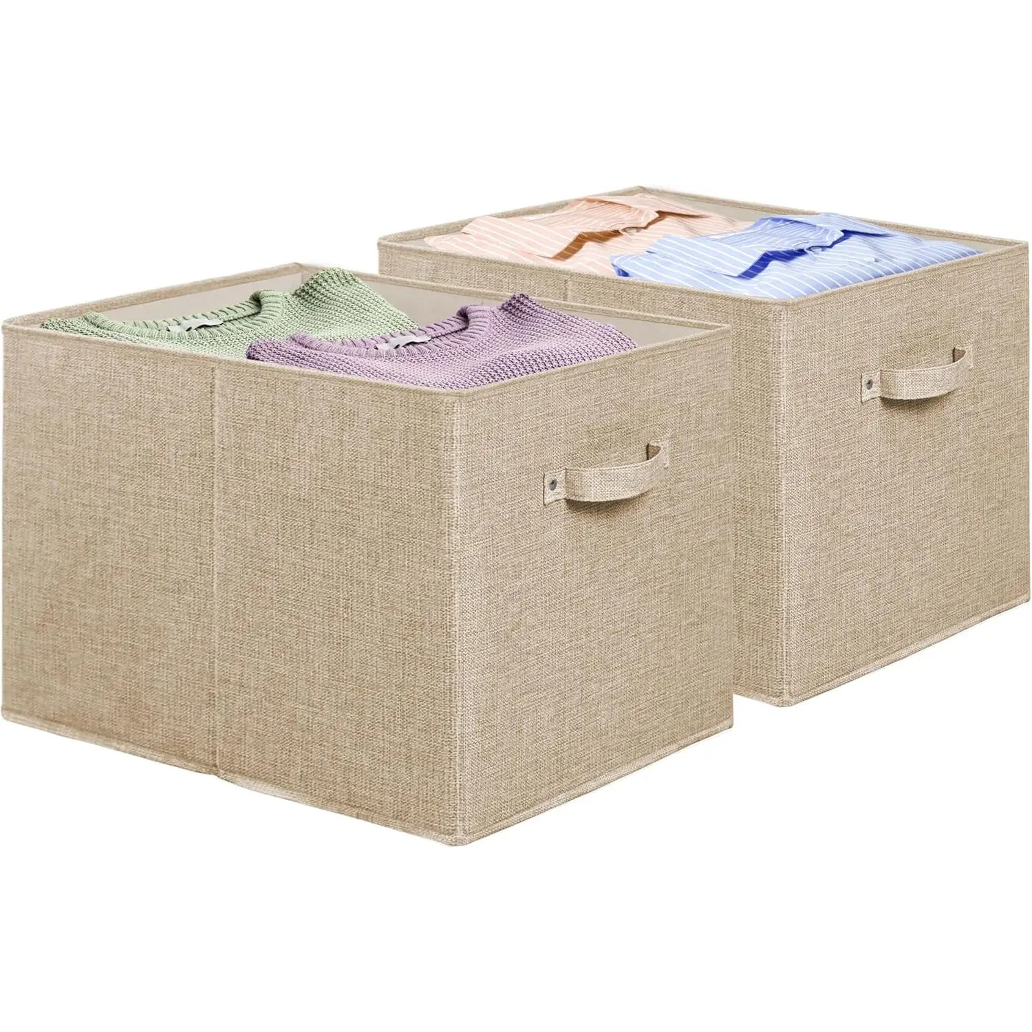 15 x 13 Inch Collapsible Fabric Storage Bin with Handles, 2 Pack, Beige