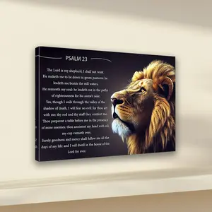 Dark Gradient Realistic Golden Mane Lion Wrapped Canvas Wall Art with Full Psalm 23 Scripture, Christian Faith Bible Verse Canvas Print Decoration for Living Room, Prayer Room Home Decor