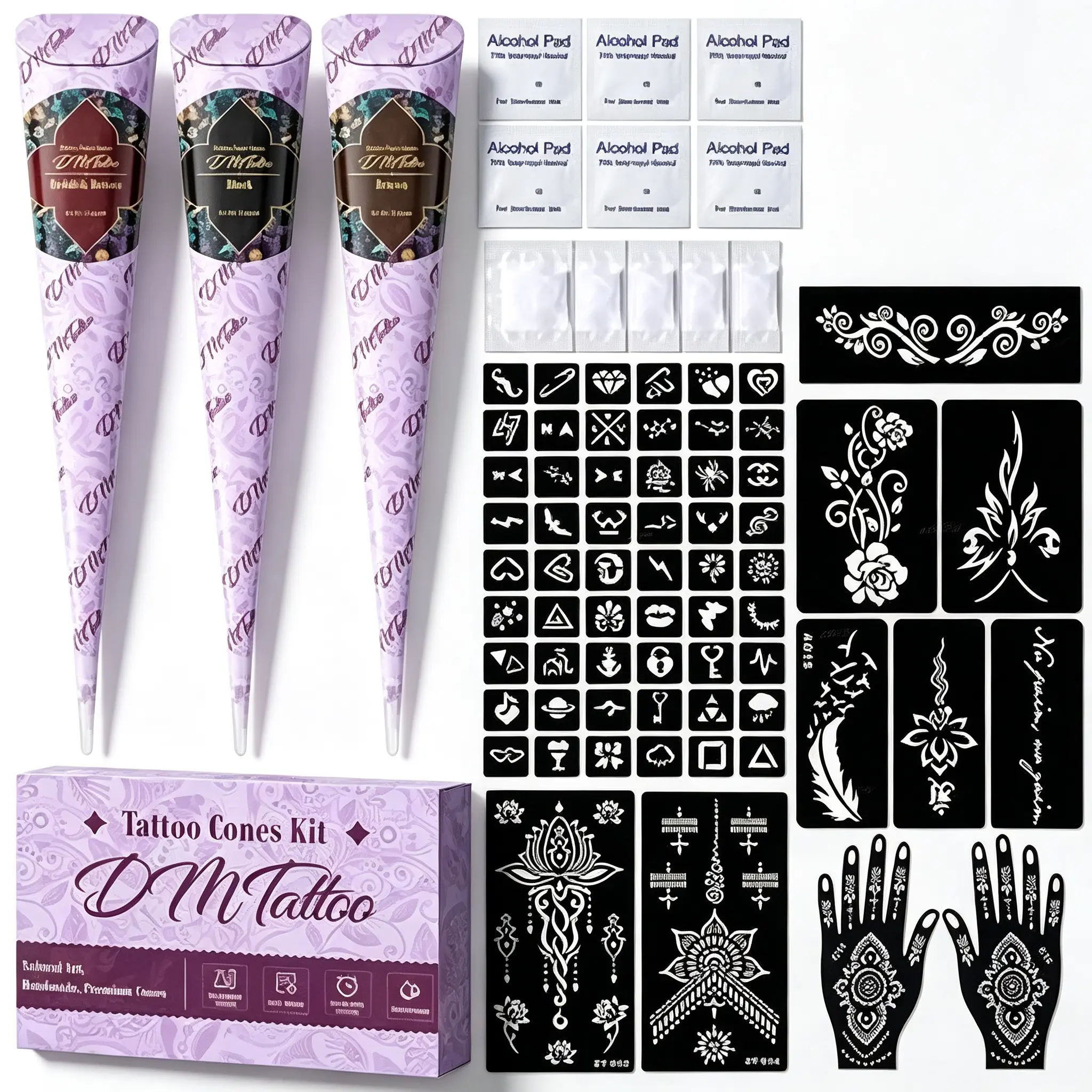 Plant-Based Temporary Hand-Applied Henna Tattoo Kit, Fake Tattoos, Diy Tattoos, Waterproof Long-Lasting Body Art Set with Henna Stencils and Henna Cones for Skin