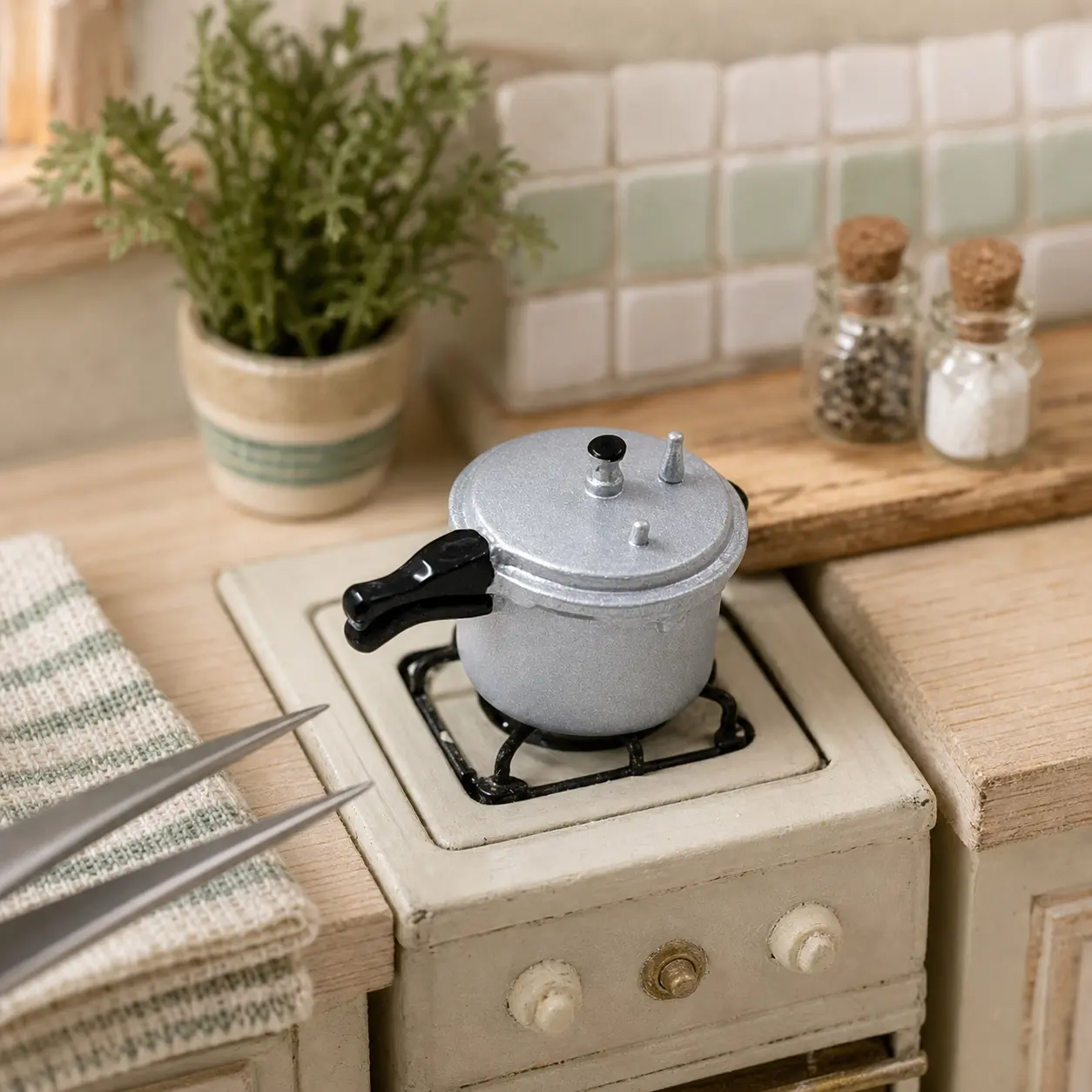 Miniature Dollhouse Pressure Cooker, Silver Mini Kitchen Cookware Accessory for DIY Dollhouse Kitchen Diorama