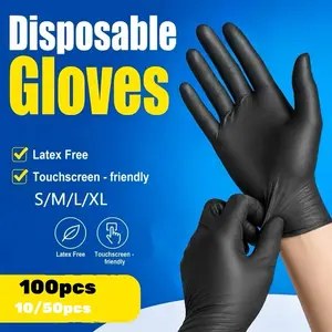 10/50/100-Piece Black Nitrile Disposable Gloves, Durable Household Cleaning Gloves, Latex-Free and Powder-Free, Suitable for Kitchen, Cleaning, Nail Art, Hairdressing and Tool Use, Available in S/M/L/XL Sizes (No Box)