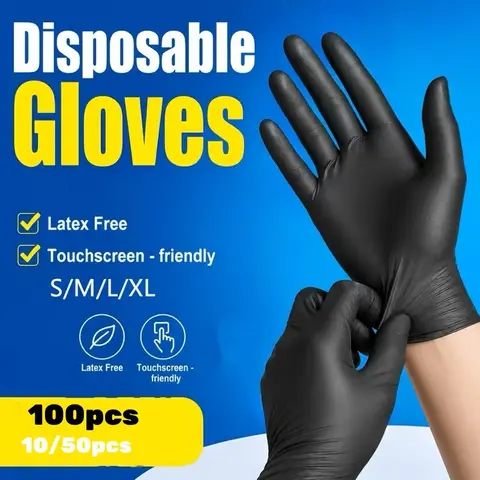 10/50/100-Piece Black Nitrile Disposable Gloves, Durable Household Cleaning Gloves, Latex-Free and Powder-Free, Suitable for Kitchen, Cleaning, Nail Art, Hairdressing and Tool Use, Available in S/M/L/XL Sizes (No Box)