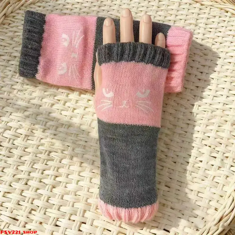 1-PCS Women's Knit Fingerless Gloves - Warming, Flexible, Embellished Casual Fashion Gloves, Embroidered Cat Design Winter Accessories, Warming Gloves