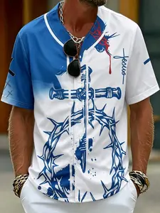 2025 Summer Men's Jesus 3D Graphic Baseball Jersey- Blue& White Contrast Religious Design with Crown of Thorns& Cross Print, Breathable Short Sleeve Button-Up Shirt for Casual, Sports& Baseball Training, Athletic Top, Athletic Active Tops