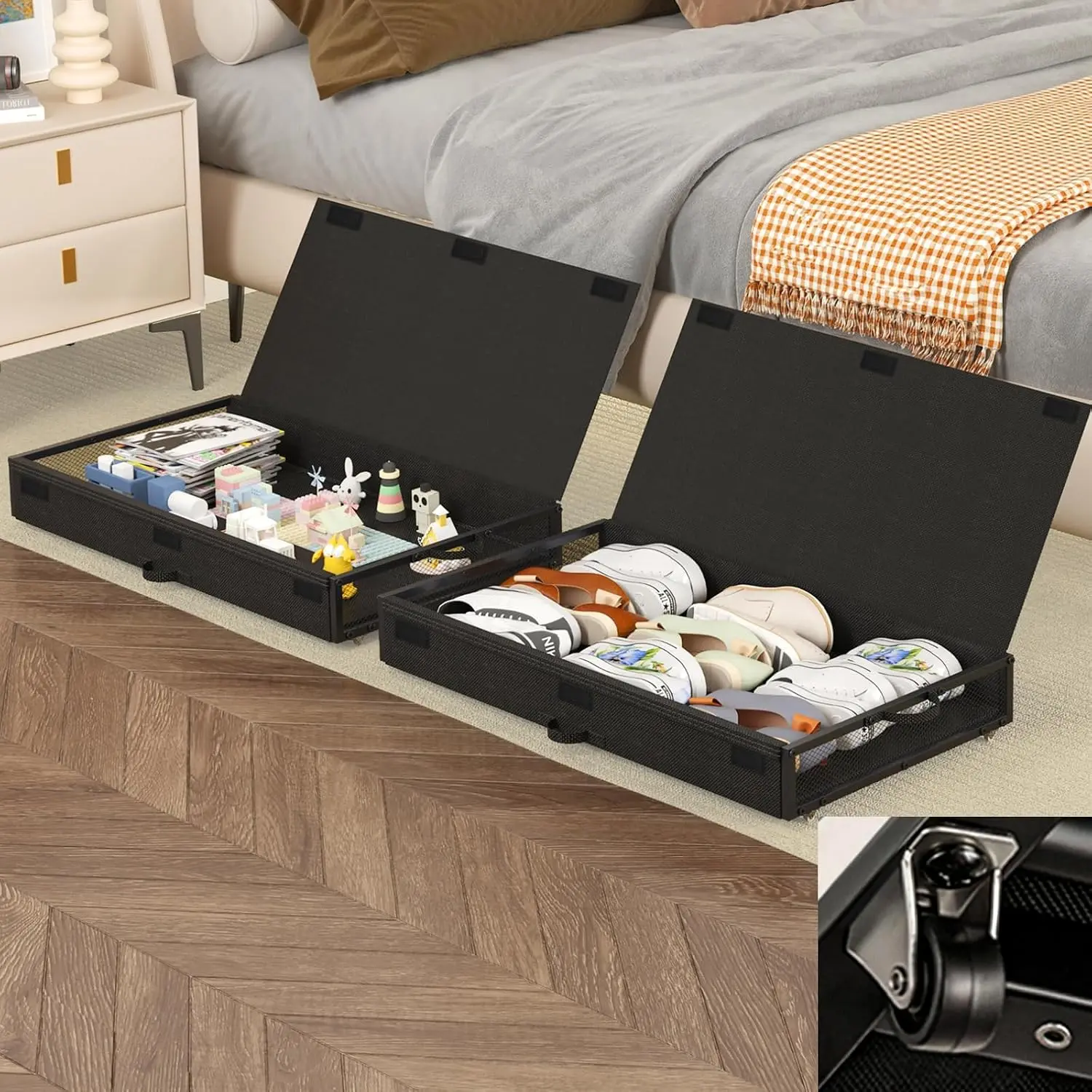 2 Pack Under Bed Storage with Wheels 4.5 inch Height | Metal Frame,Lid,Rolling Slim Under Bed Drawers for Shoes,Clothes and Toys,Shallow Underbed Storage,Under Couch Storage,Black