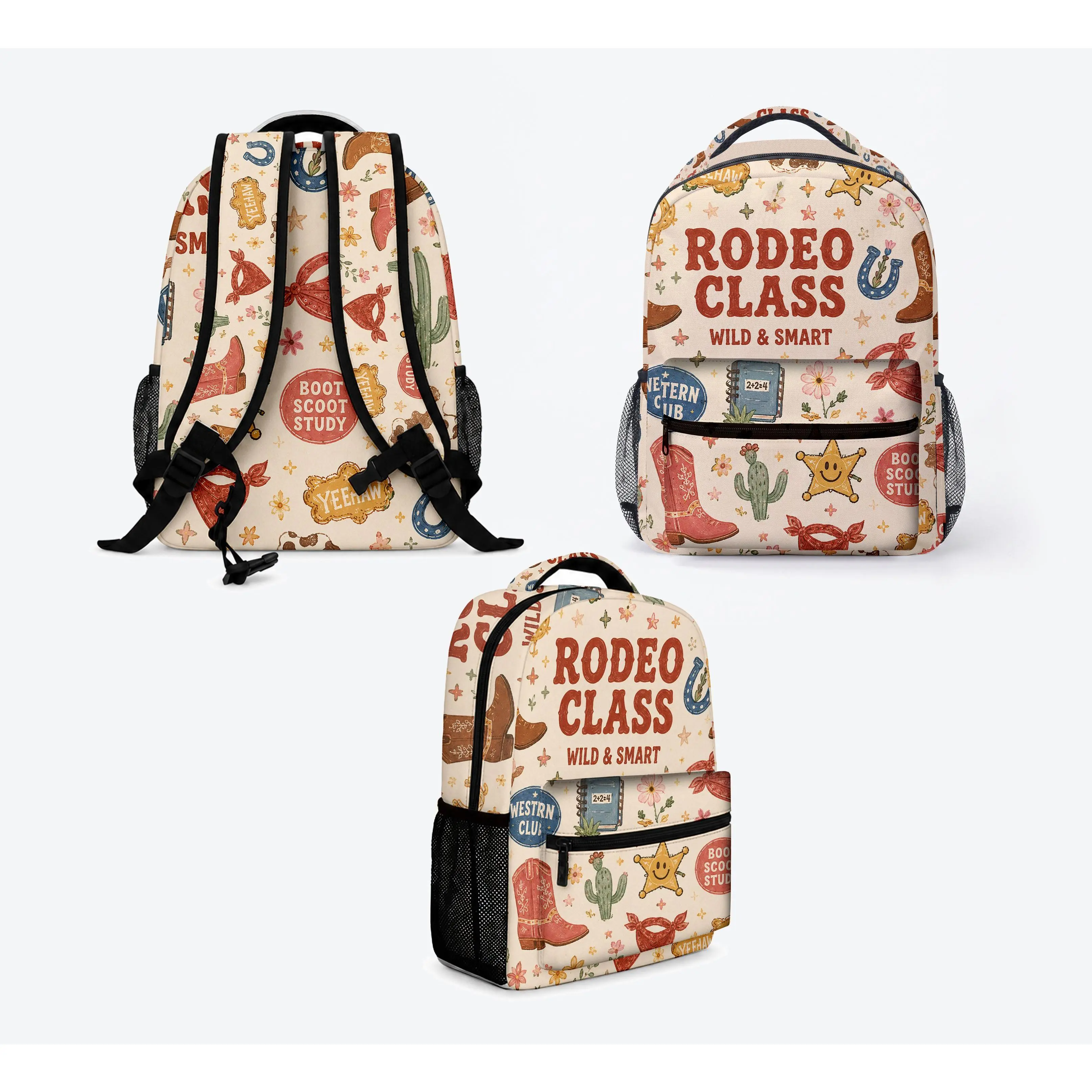 Kids Western Rodeo School Backpack, Cute Cowgirl Cowboy Bookbag for Girls & Boys, Boots Cactus Horseshoe Graphic, Front Zipper Pocket, Dual Mesh Side Pockets, Top Carry Handle, Back to School Daypack,bookbag,school backpack, multiple style